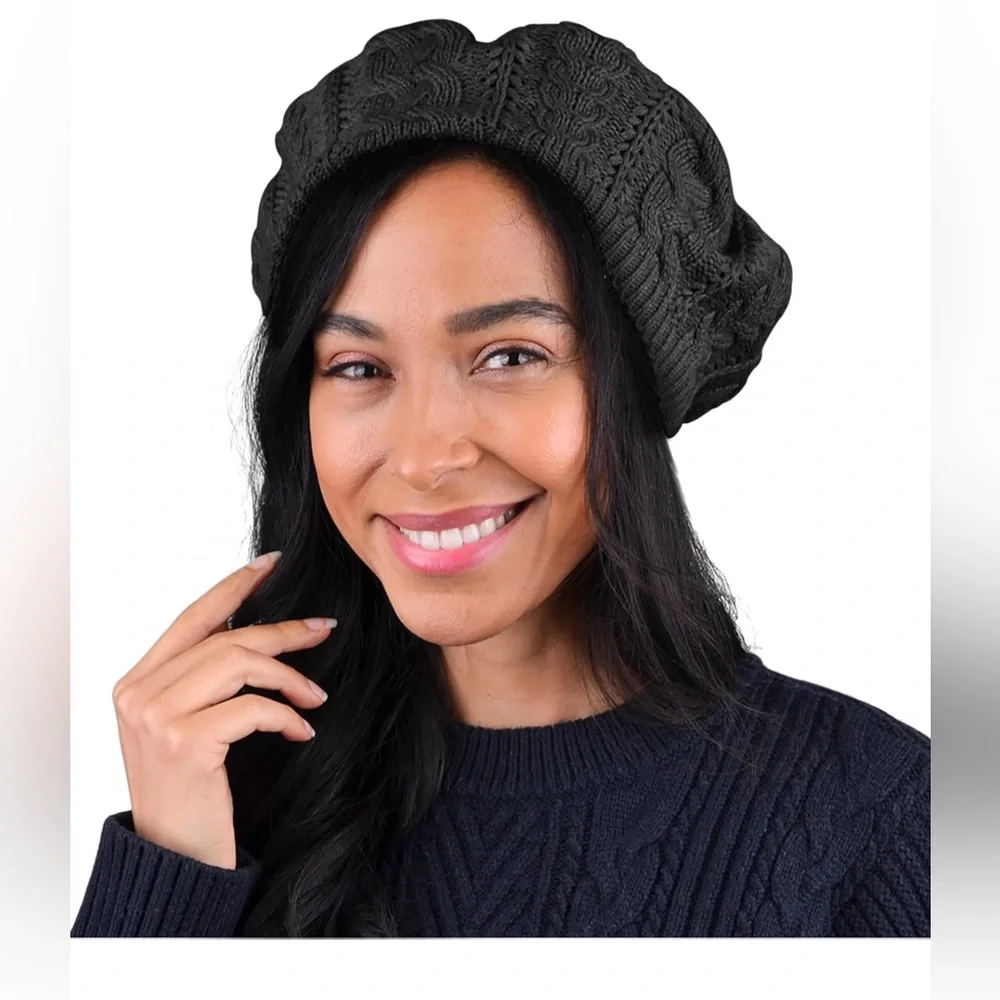 Lightweight Crochet Knitted Style Beanie Hat for Women, Slouchy Hat Black - Picture 3 of 5